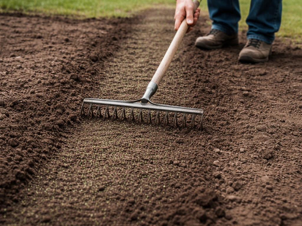 Handen met tuin-hark die ingezaaid graszaad licht afdekt; zaaidiepte ca. 1 cm in een smalle strook.