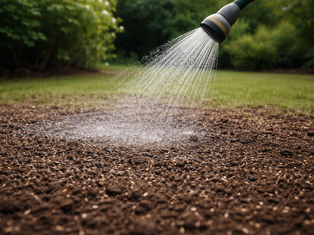 Tuinslang sproeit ingezaaid gazon; gelijkmatige waterstraal houdt de bovenlaag vochtig voor kieming.