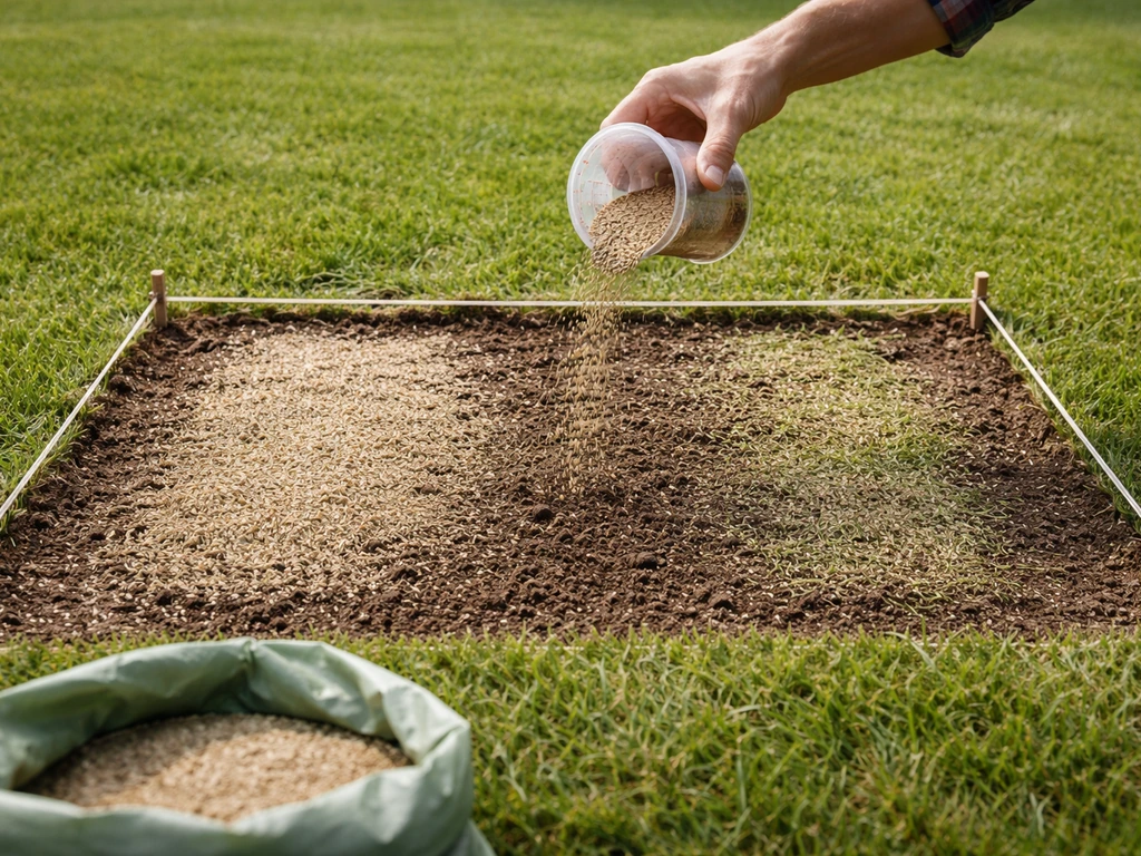 Hand strooit graszaad in twee afgebakende vakken op een gazon: meer bij kale plek, minder bij dunne mat.