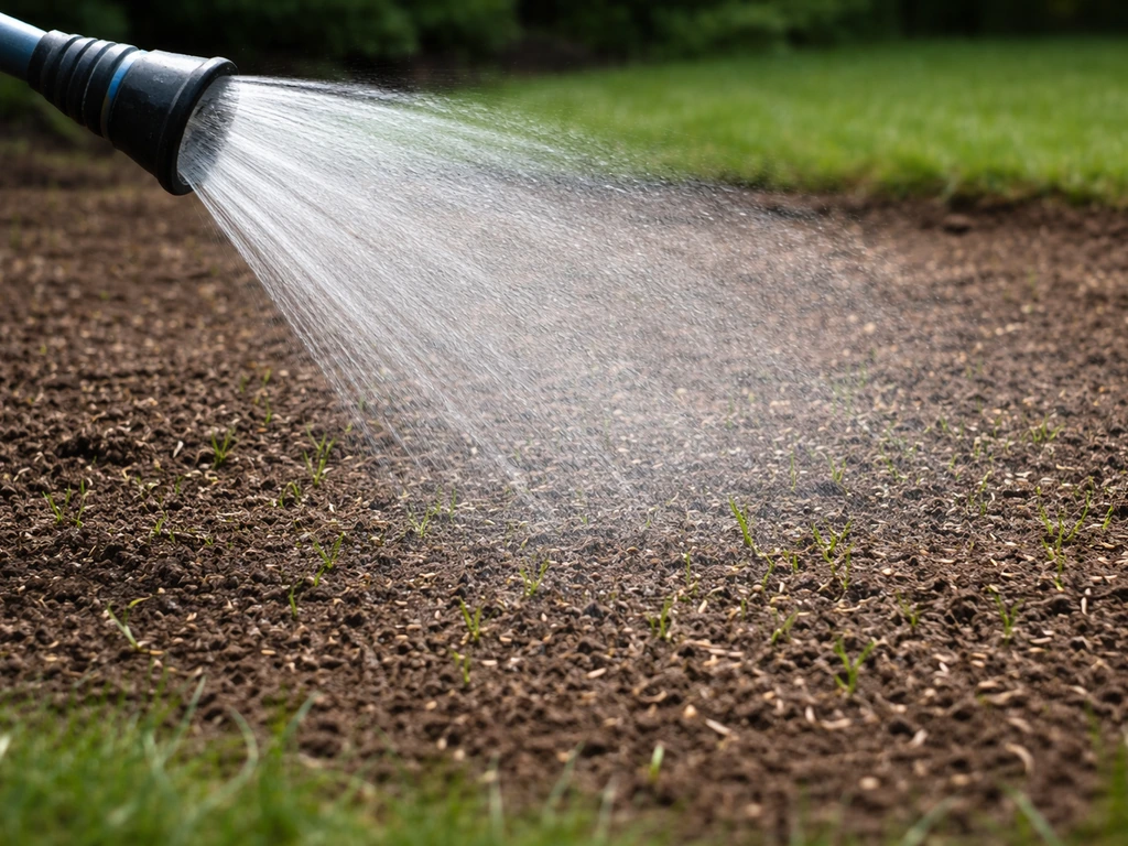 Fijne sproeinevel van een tuinsproeier die direct na het zaaien het ingezaaide grasstuk vochtig maakt.