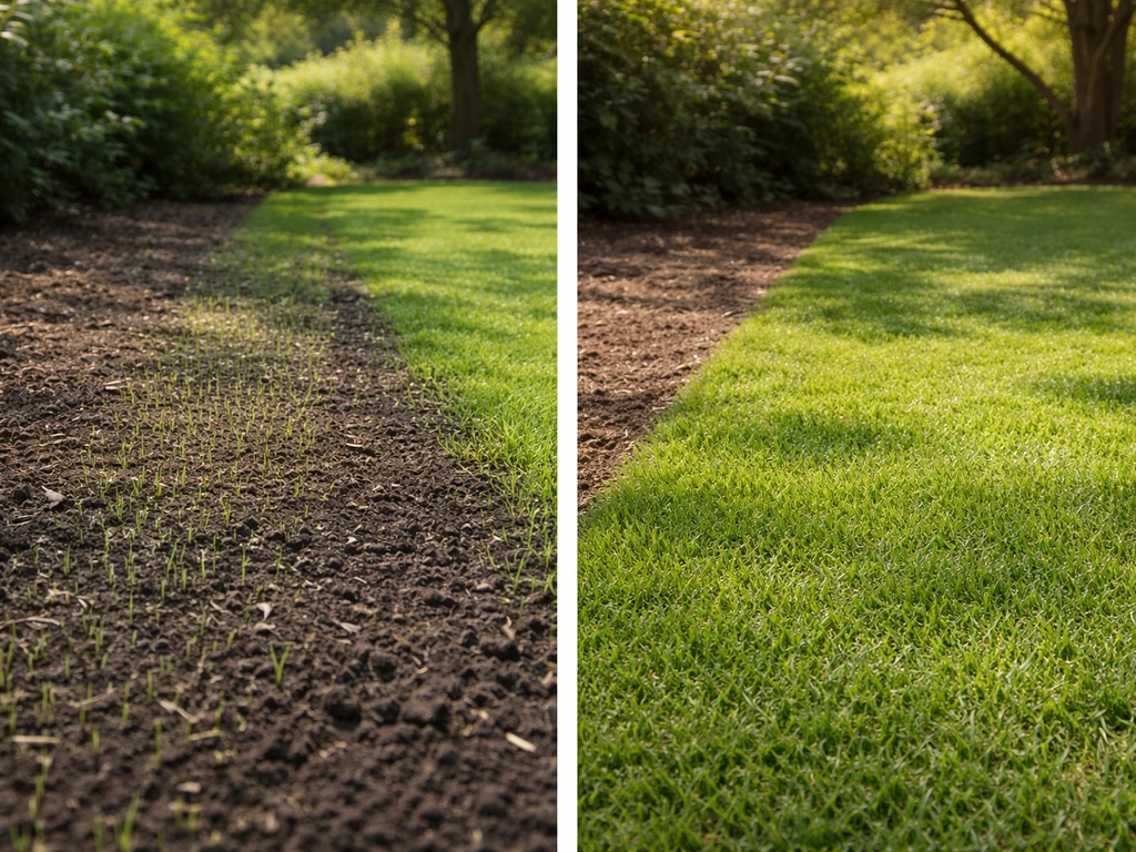 Links pas ingezaaid gras op donkere aarde, rechts verse graszoden op strak gelegde ondergrond.