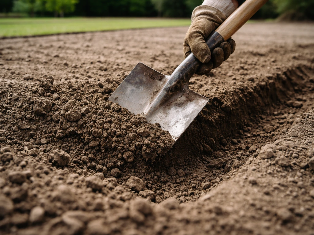 Trottoirspade die aarde omwoelt tot 20–30 cm, met zicht op egaliserende grond voor een nieuw gazon
