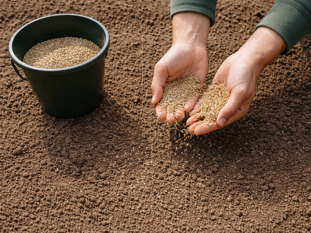Iemand verdeelt graszaad gelijkmatig op een egale, voorbereide tuinbodem