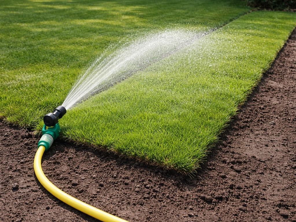 Pas gelegd gras krijgt gelijkmatige beregening van een tuinslang met sproeier, waterdruppels zichtbaar.