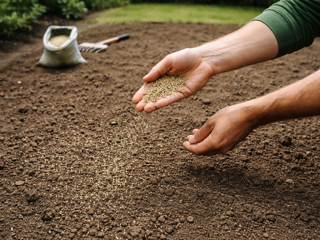 Handen strooien met de hand graszaad op voorbereide tuinbodem; zakje graszaad en hark op achtergrond