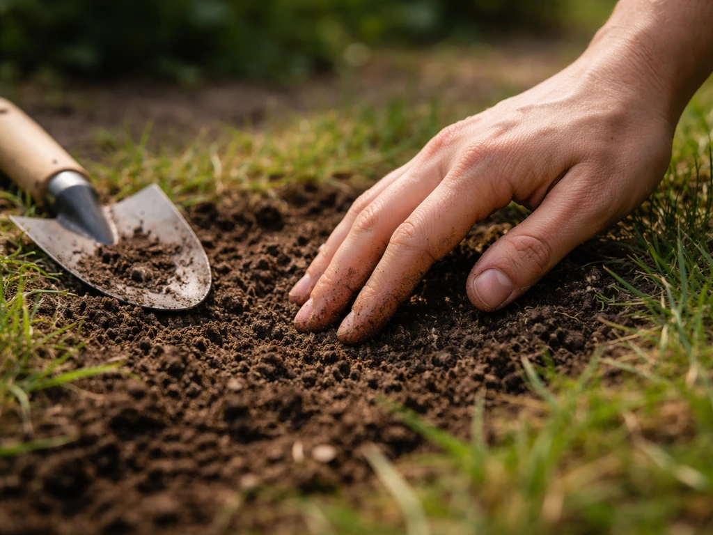 Iemand controleert de bodemtemperatuur met de hand in een stuk gazonachtige grond voor optimaal gras zaaien.