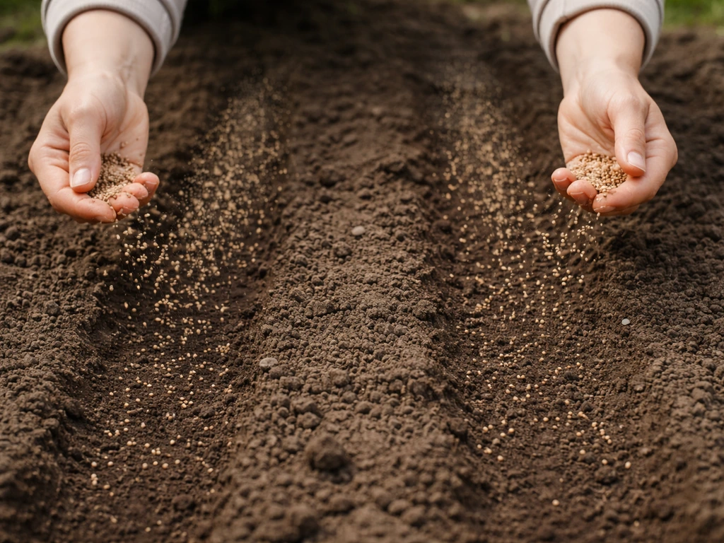Handen die zaden in twee richtingen uitstrooien op bewerkte moestuin-aarde met gelijkmatige spreiding van korrels.