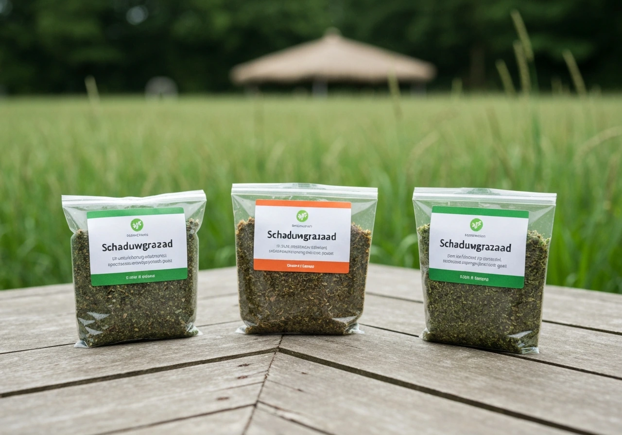 Drie zakjes graszaad op een houten tuintafel in halfschaduw, met verschillende kleuren bovenop.