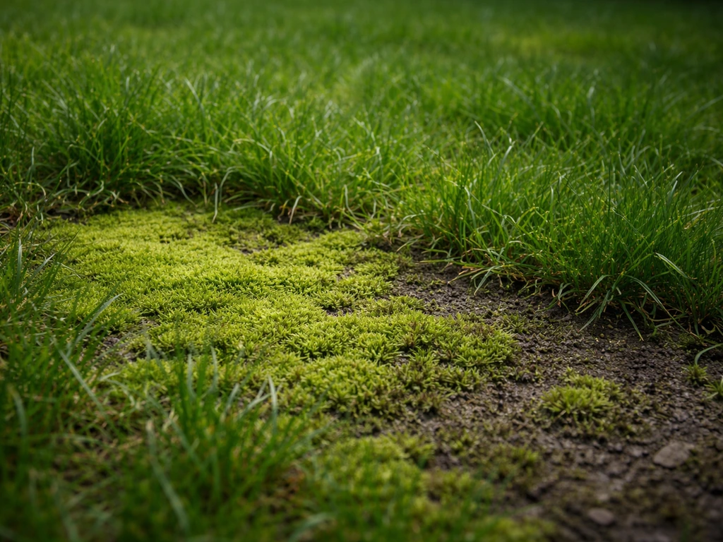 Mosplekken in een schaduwgazon tussen gedeeltelijk groen gras, met vochtige grond zichtbaar