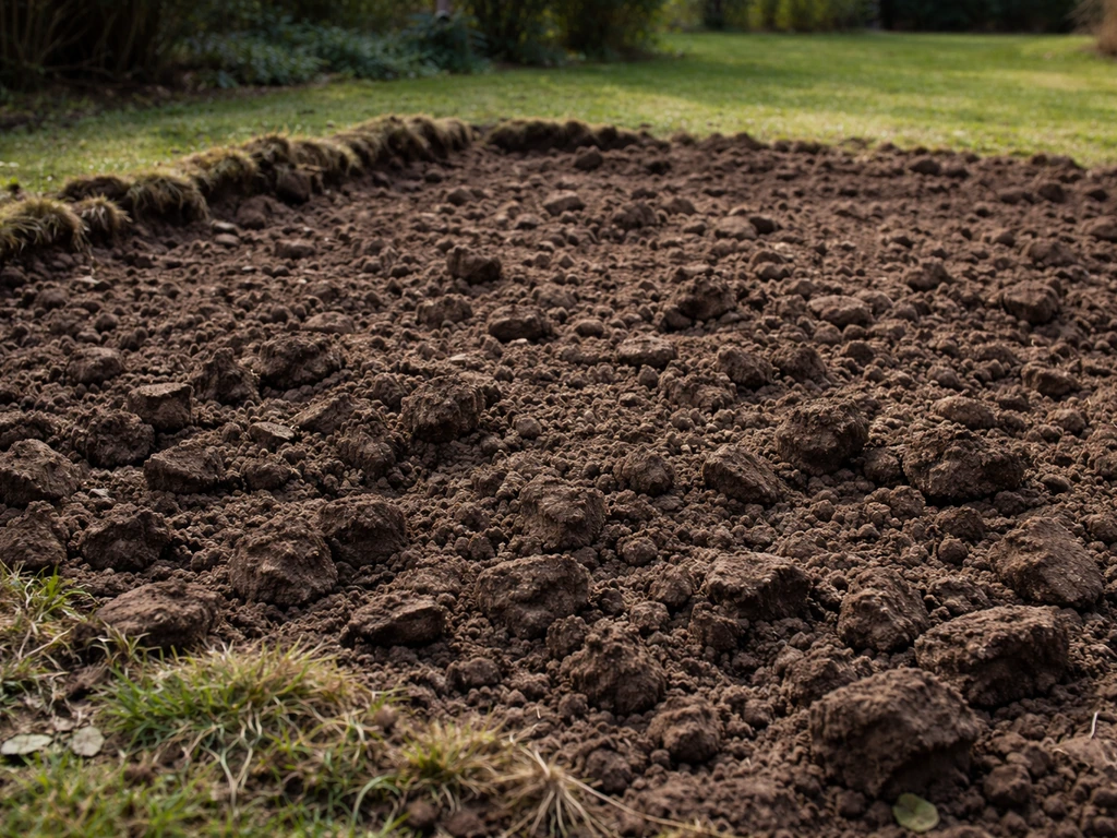 Close-up van omgespit tuinperk met losgemaakte aarde en resten van oude grasmat langs de rand.