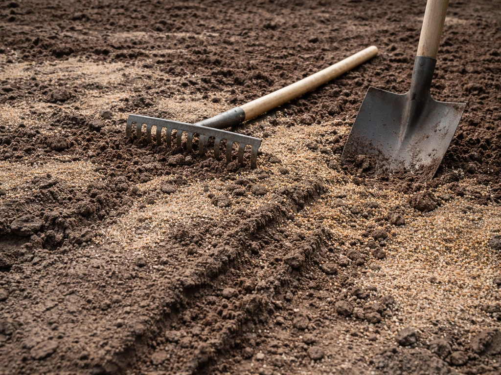 Klei-achtige grond met ingewerkte laag grof zand en tuinturf, met hark en schep in een stille tuin.
