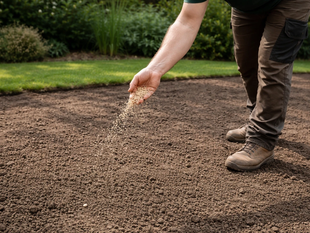 Handmatig graszaad zaaien op omgespit zaaibed met gelijkmatige verdeling in een rustige tuin.