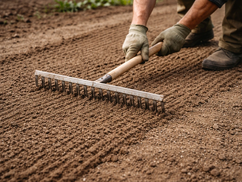 Handen met een brede hark werken zaad licht in op net gestrooide grond, met sporen in lengterichting en kruislings.