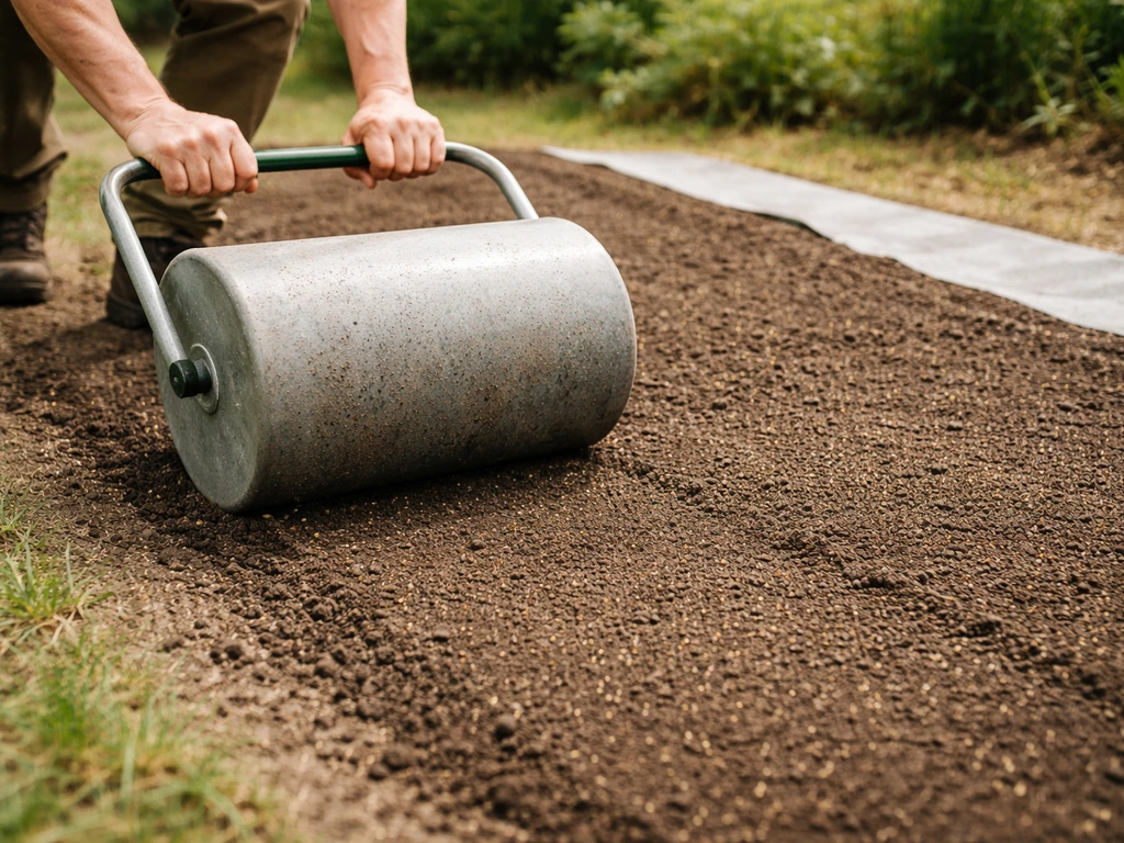 Handen rollen ingezaaide grond met een lichte tuinrol en leggen een dun afdekmateriaal langs de rand.
