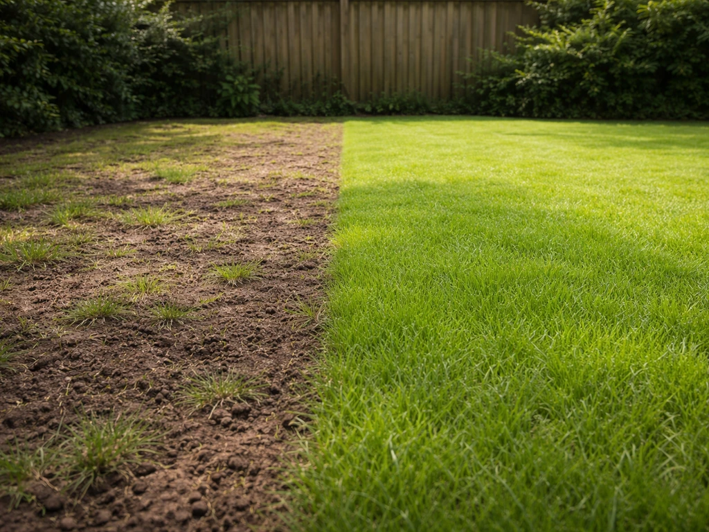 Bestaand gazon met kale plekken naast een opnieuw ingezaaid, dichtgroeiend grasstuk in een rustige tuin.