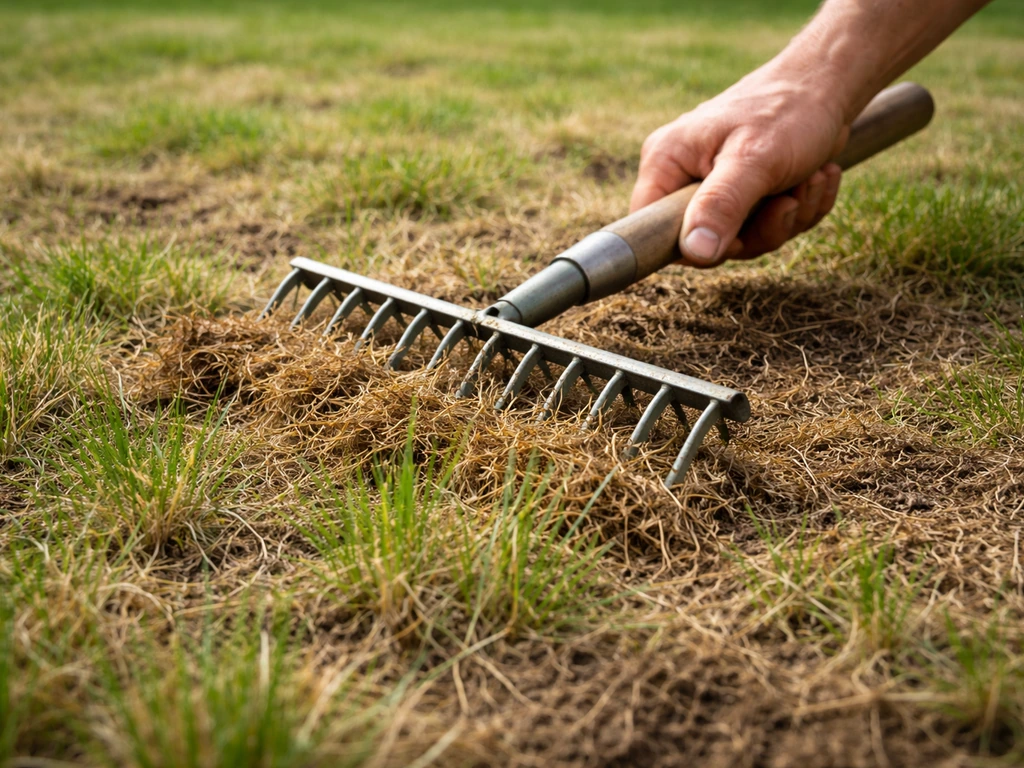 Verticuteerhark trekt vilt en dood gras los op een gazon, met alleen de hand in beeld.