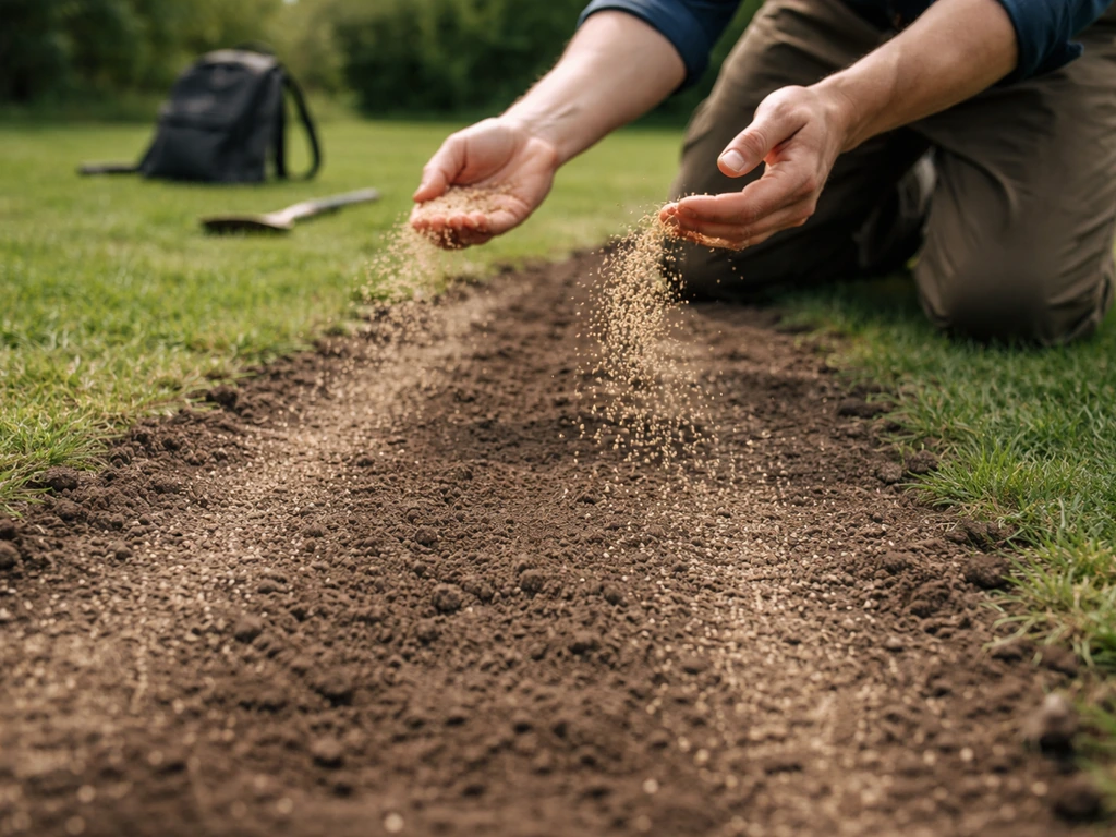 Handen die graszaad gelijkmatig uitstrooien op een kaal stuk gazon in de tuin.