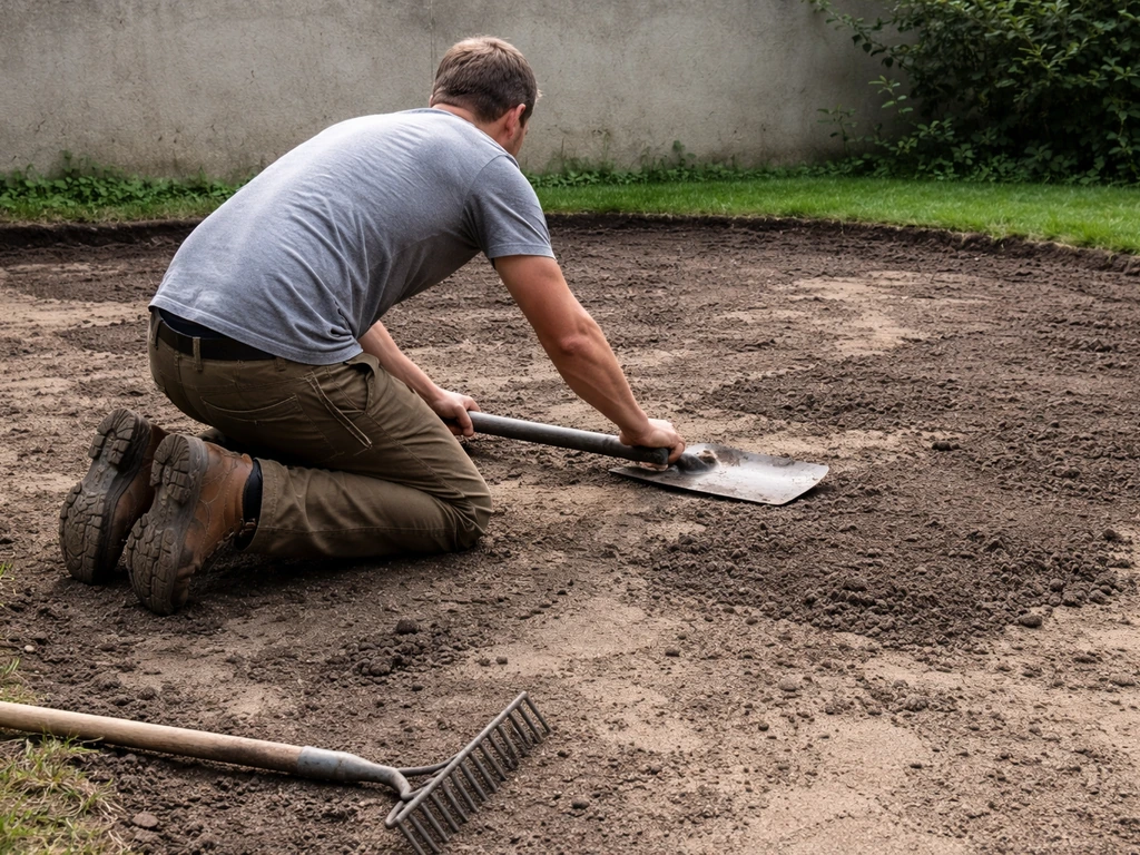 Tuinier met schop en hark egaliseert grond voor nieuw gazon, zand en aarde in een simpele tuinsetting.
