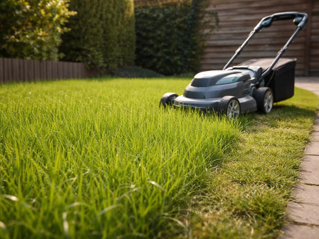 Jonge grasprieten van juiste hoogte in een tuin, met een grasmaaier die klaarstaat voor de eerste maaibeurt.