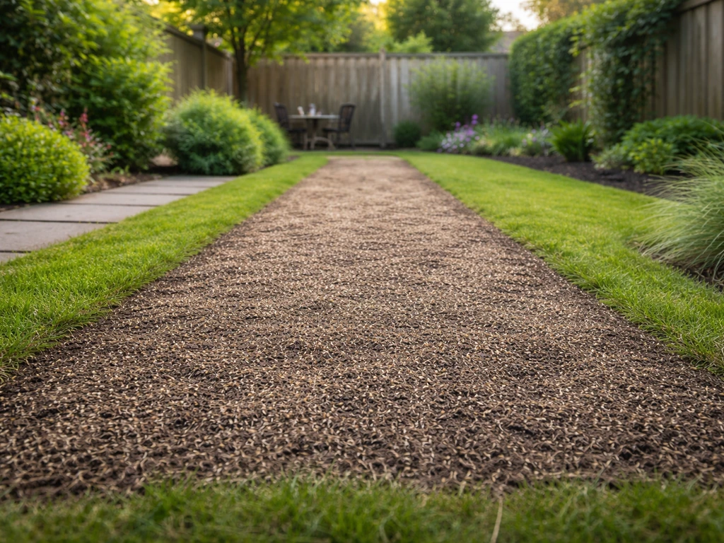 Nederlandse tuin waar net graszaad is gestrooid en licht afgedekt, zonder inharken; voorbereide strook in beeld.