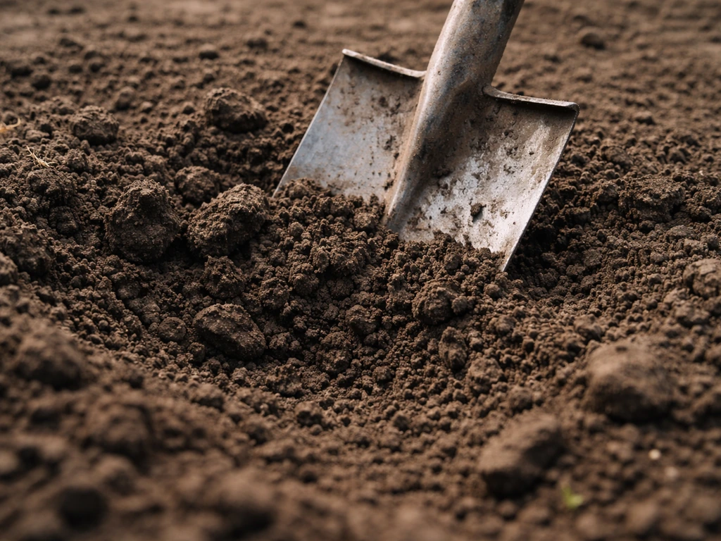 Close-up van een spade die 10–15 cm grond losmaakt en kruimelig egaliseert voor betere hechting.