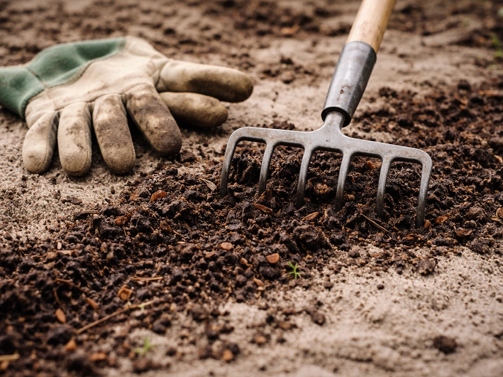 Close-up van tuinhark en compost/teelaarde die oppervlakkig door de zandgrond worden gewerkt in een moestuin.