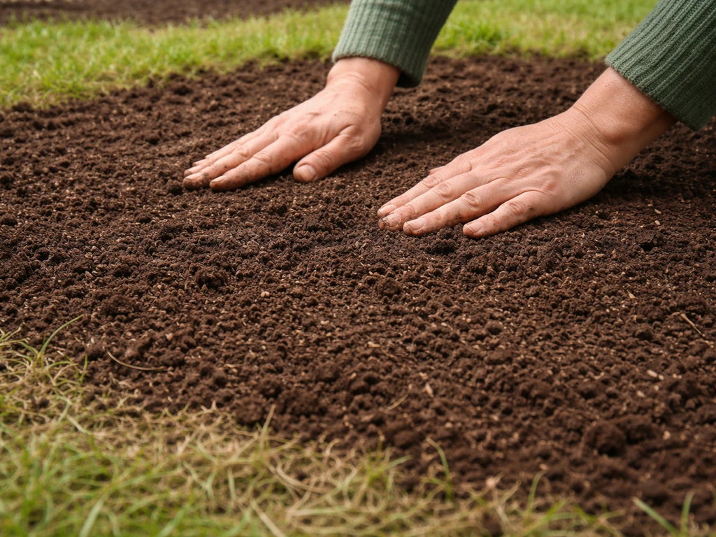 Handen die een dun laagje teelaarde/compost gelijkmatig over vers gezaaid graszaad strooien.