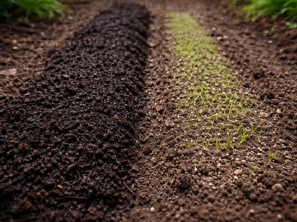 Graszaad in een zaai-rij: links te dikke compostlaag, rechts dunne afdeklaag met betere kieming.