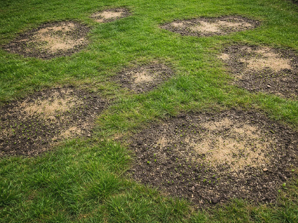 Bovenaanzicht van een Nederlandse tuin met gezaaide kale plekken in het gazon en afdekzand voor herstel