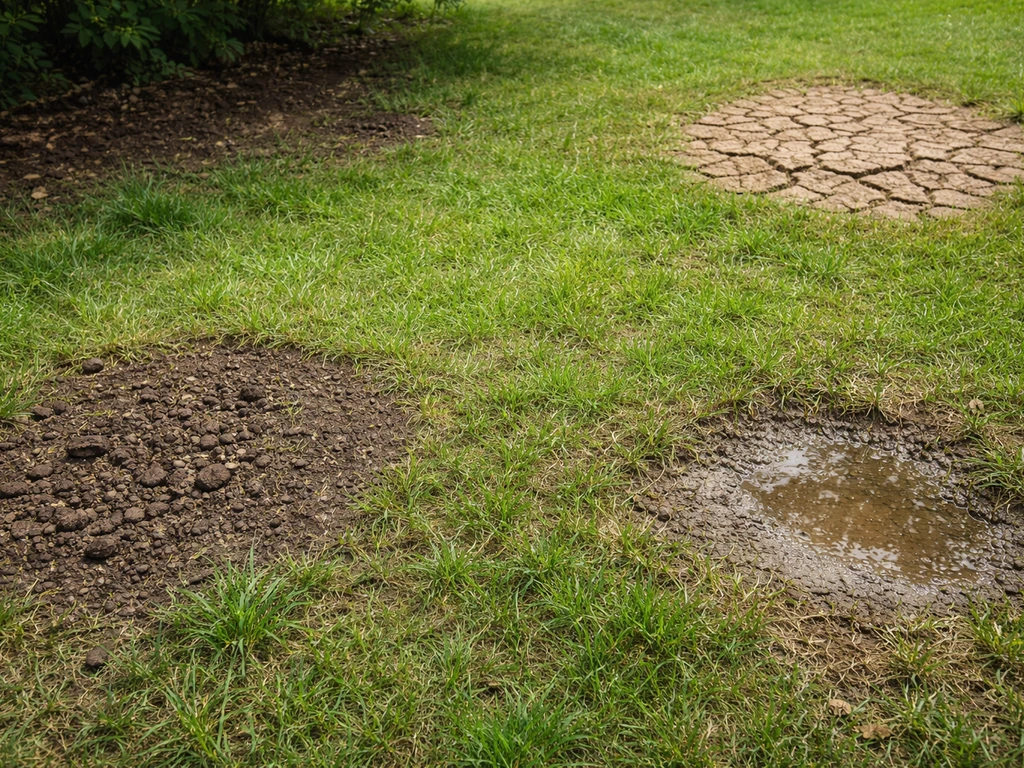 Bodem in een gezaaid gazon met verdichte grond, droge scheurtjes, waterplas en schaduwrijke plek.