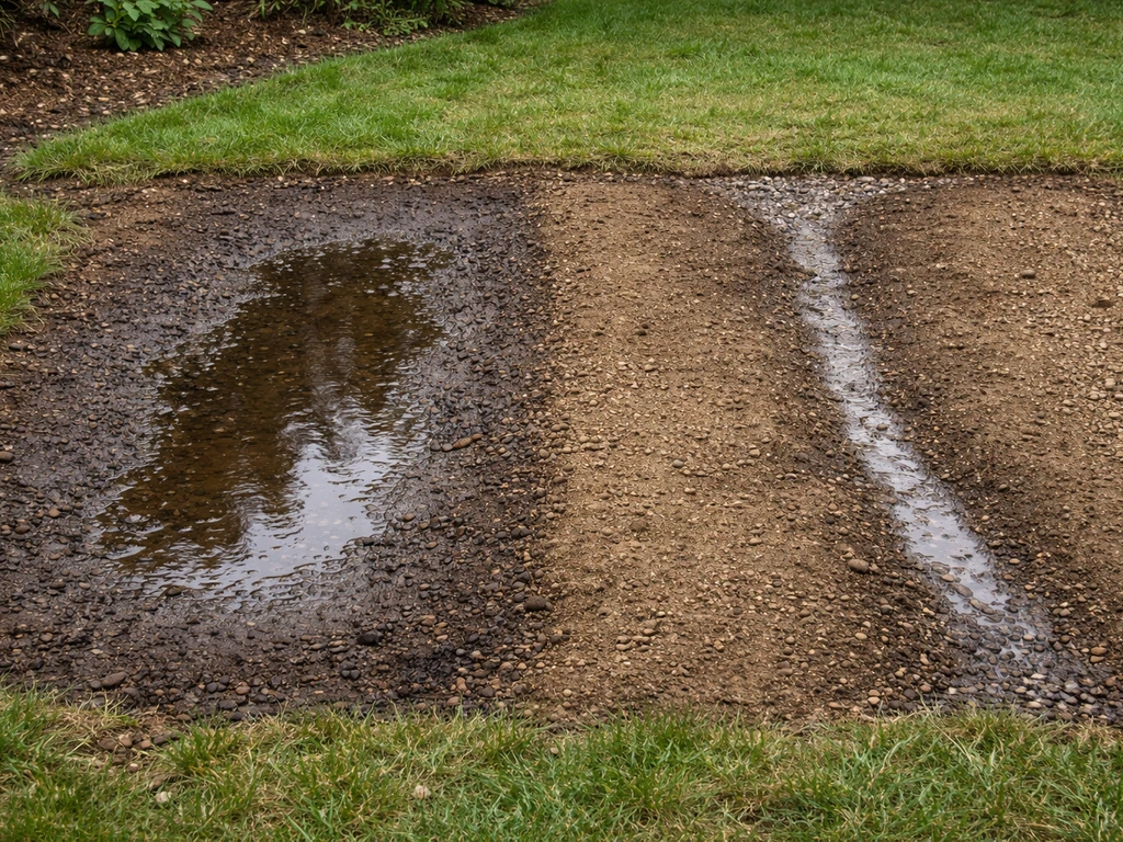 Kale tuingrond waar links water blijft staan en rechts het water wegloopt naar een afwateringsplek.