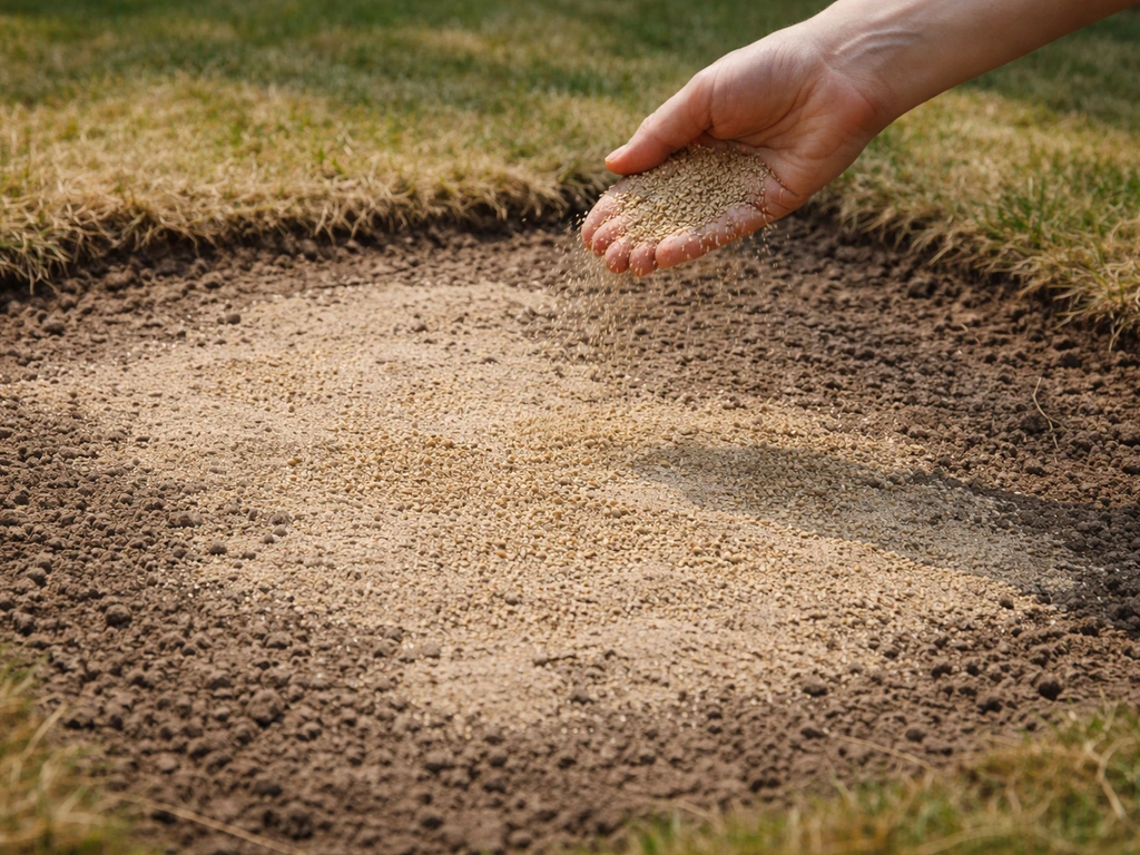 Hand die graszaad fijn uitstrooit op een voorbereide kale tuinplek, met lichte afdekking erover.