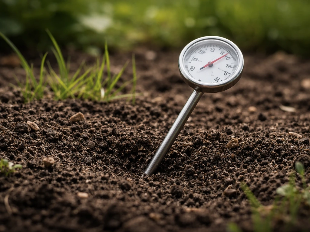 Close-up van een bodemthermometer in donkere grond, met focus op de temperatuurmeting