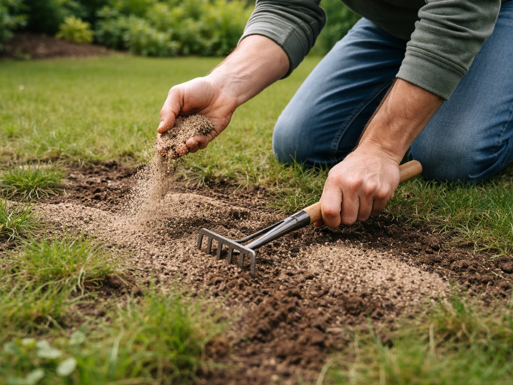 Iemand bezandt een kleiachtig, ongelijk gazon met een dun laagje grof zand of zaaigrond.