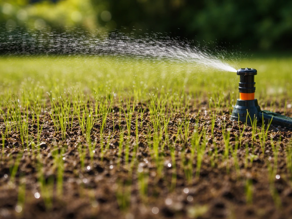 Jong graskieming op een gazon met een kleine sproei-installatie die dun en regelmatig water geeft