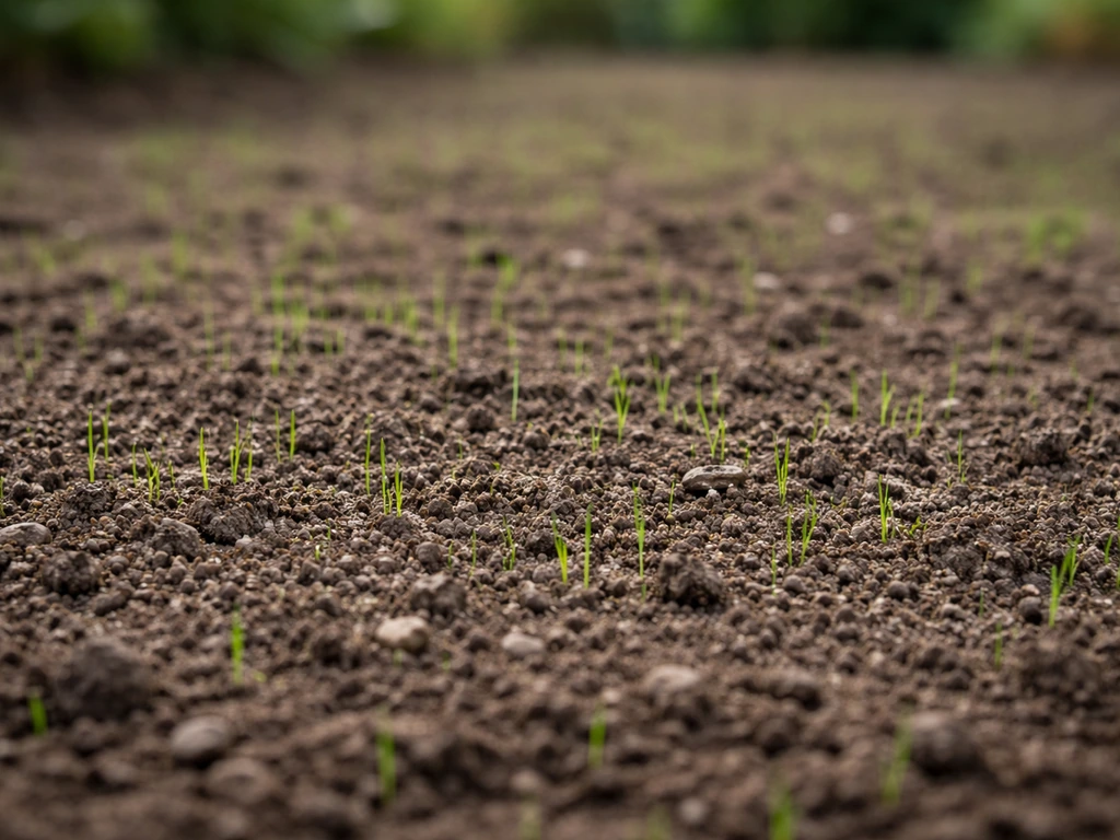 Vers ingezaaid gazon met tuinaarde op de grond, kiemplantjes en licht vochtige aarde, neutrale achtergrond.