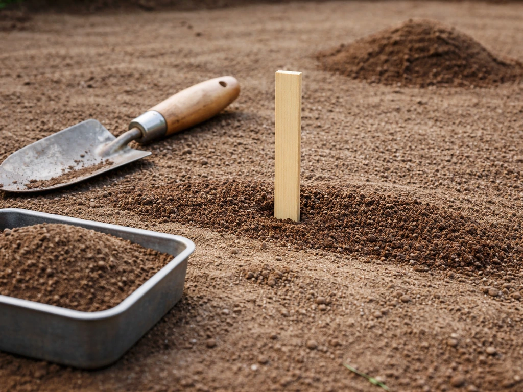 Fijnkorrelige tuinaarde voor graszaad in een zaaibed, met een duidelijke maatvoering voor 2–3 cm.