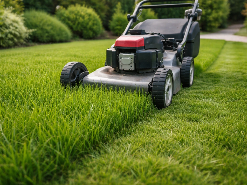 Maaier maait nieuw gazon met gras op 8–10 cm, maaihoogte staat hoog, rustige tuinsetting.