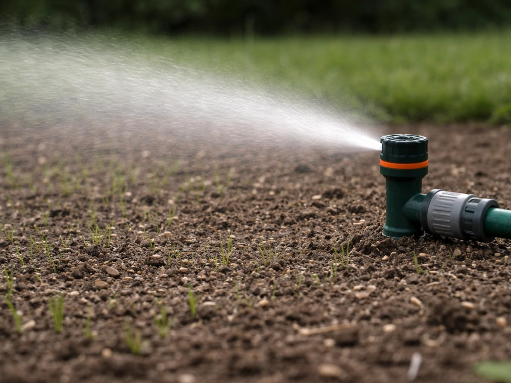 Hand houdt fijne tuinsproeikop bij vers ingezaaid gras; bodem licht vochtig, geen plassen
