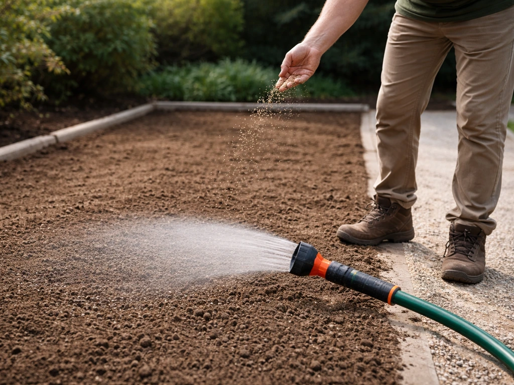 Anoniem die graszaad uitstrooit in egaal geharkte grond, met tuinslang die net begint te sproeien.
