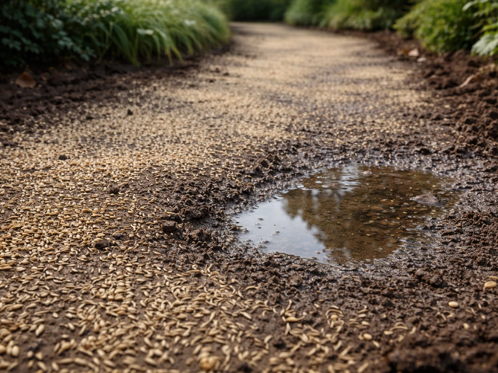 Graszaad in aarde met een kleine plas water naast een gelijkmatig vochtige strook, om wegspoelen te tonen.