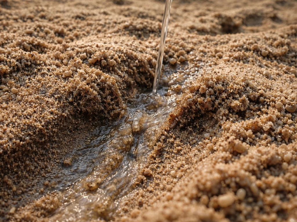 Close-up van grof zand waarbij een straaltje water direct wegloopt tussen de korrels