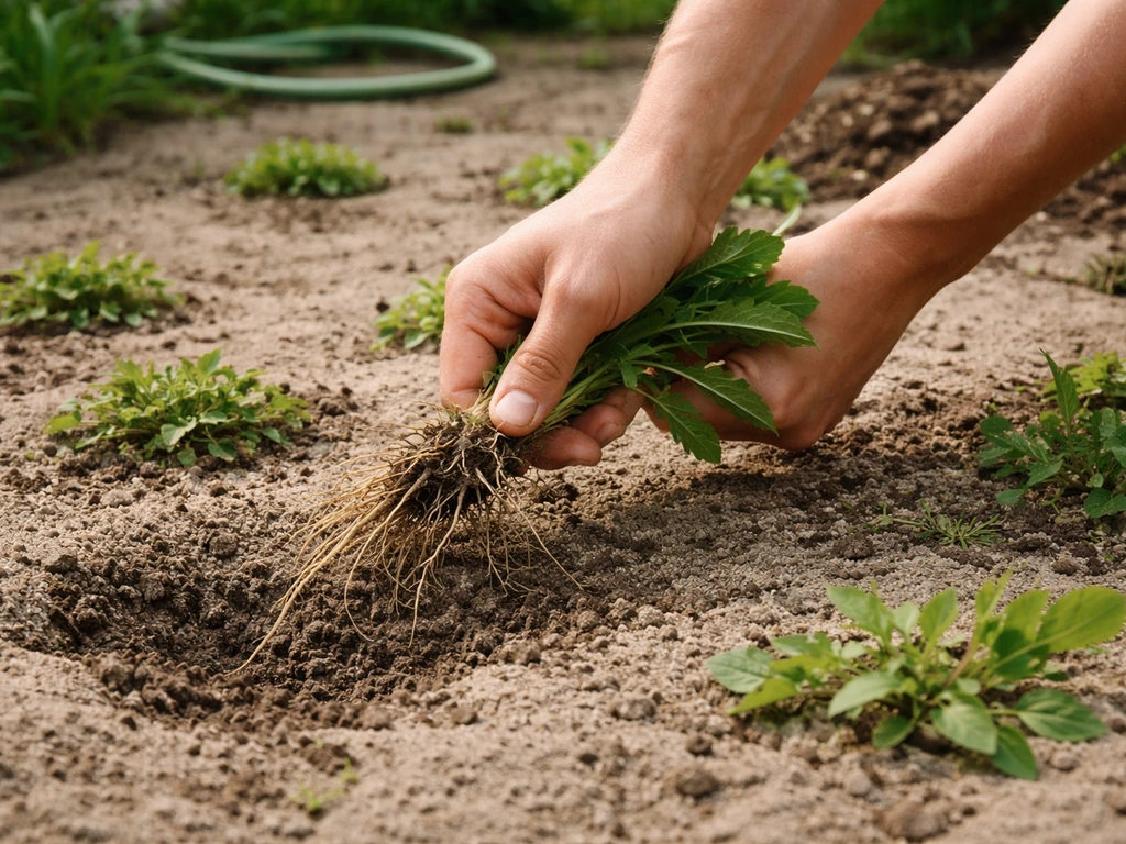 Handen die onkruid uittrekken uit zandgrond, met kale stroken grond klaar voor graszaad