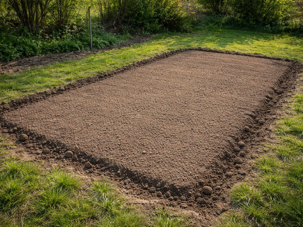 Tuinbed met omgewerkte, losgemaakte grond die glad wordt aangedrukt, met rijpe, rustige sfeer