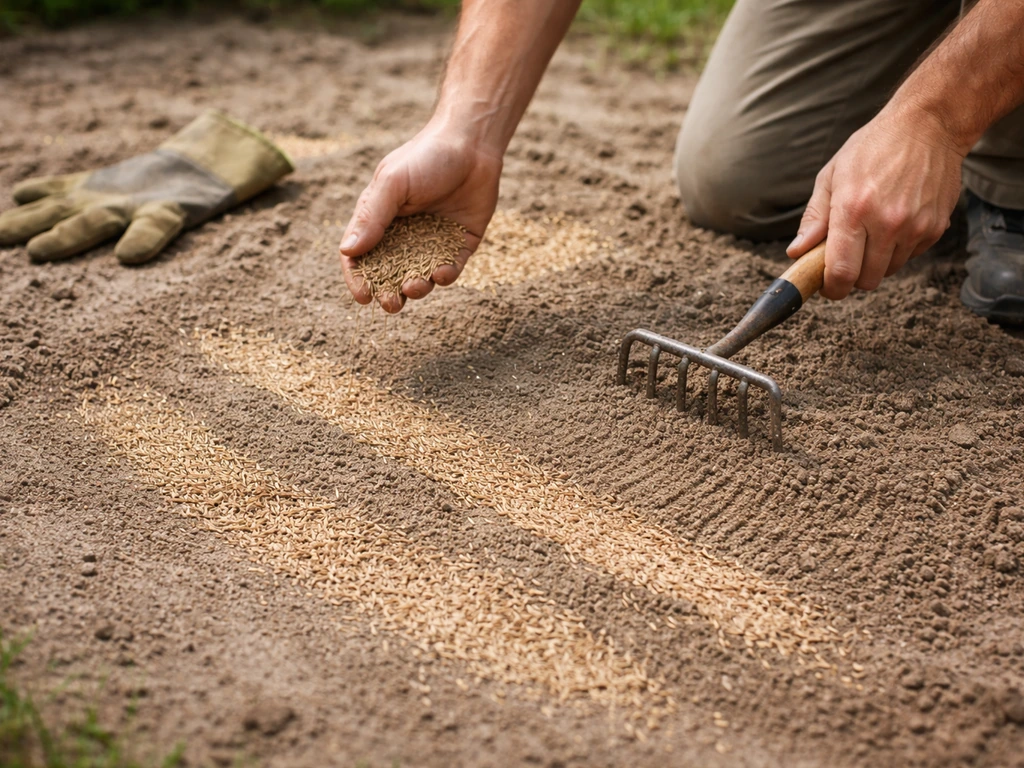 Iemand strooit graszaad op zandgrond en werkt het licht in met een hark, met zaad zichtbaar in twee richtingen.