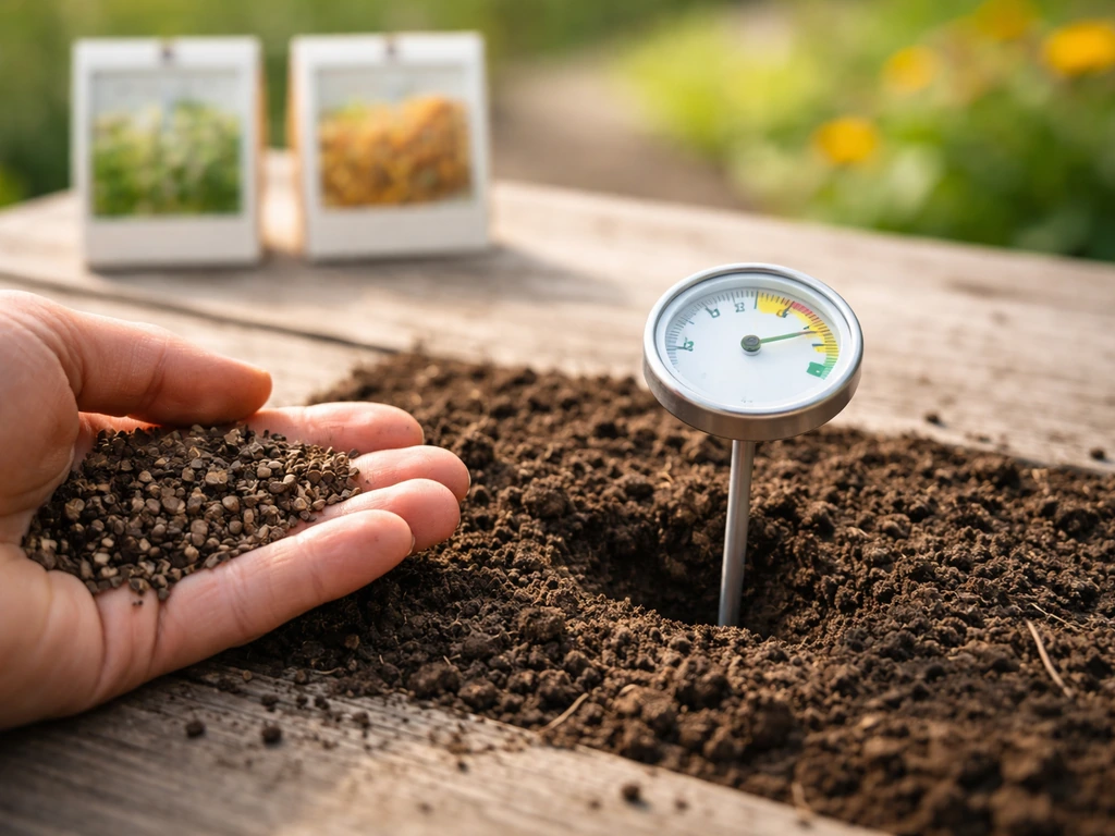 Zaaizaad en bodemthermometer in tuingrond, met op achtergrond twee ongetekende maandkaartjes voor lente vs najaar.