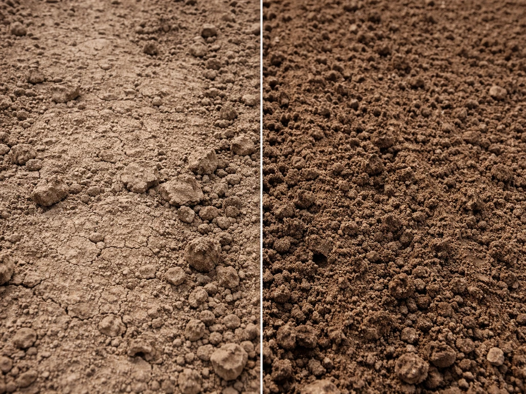 Close-up van links verdichte, harde grond tegenover rechts losgemaakte, kruimelige aarde voor grasherstel.