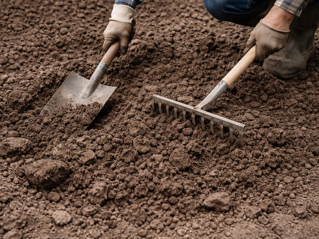 Handschep en hark die kleigrond losmaken in een tuinbed, klaar voor egaliseren