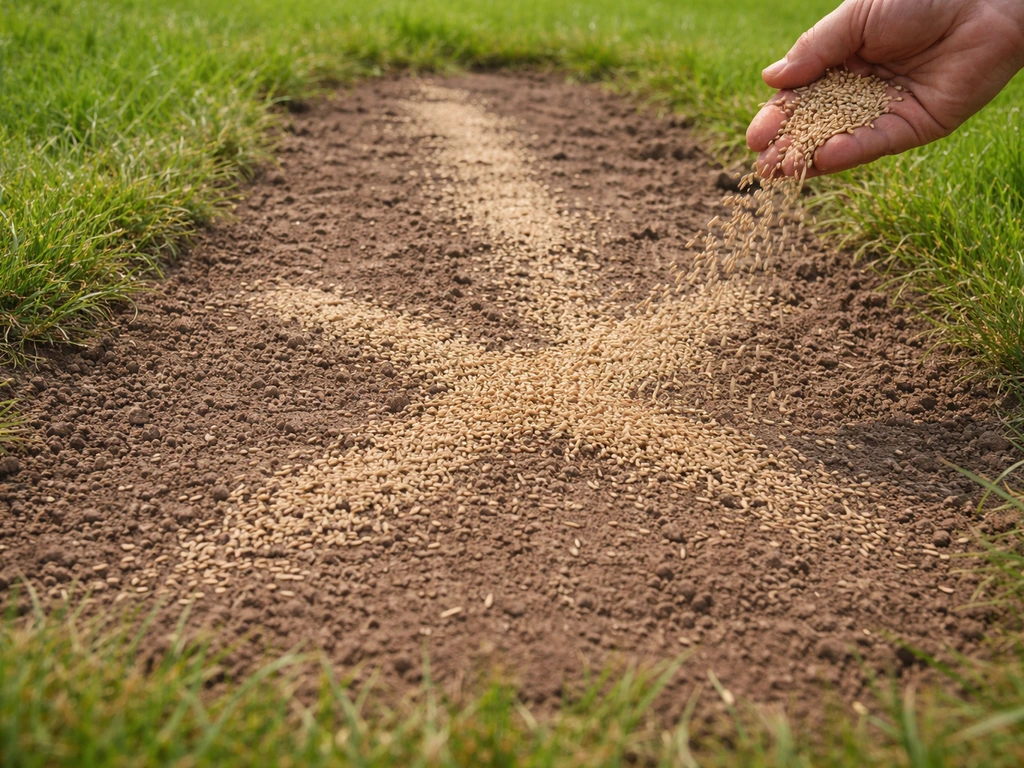 Hand die graszaad uitstrooit op een kale tuinplek, met zichtbare korrels die lengte en kruislings verdelen.