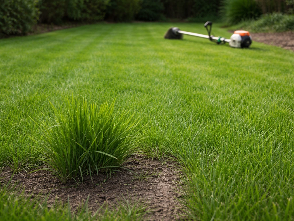 Nieuw ingezaaid gazon van 8–10 cm met een grasmaaier op de achtergrond, klaar voor de eerste maaibeurt.